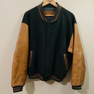 Vintage J. Peterman Leather & Wool Varsity Jacket Green Brown Snap Bomber Size L